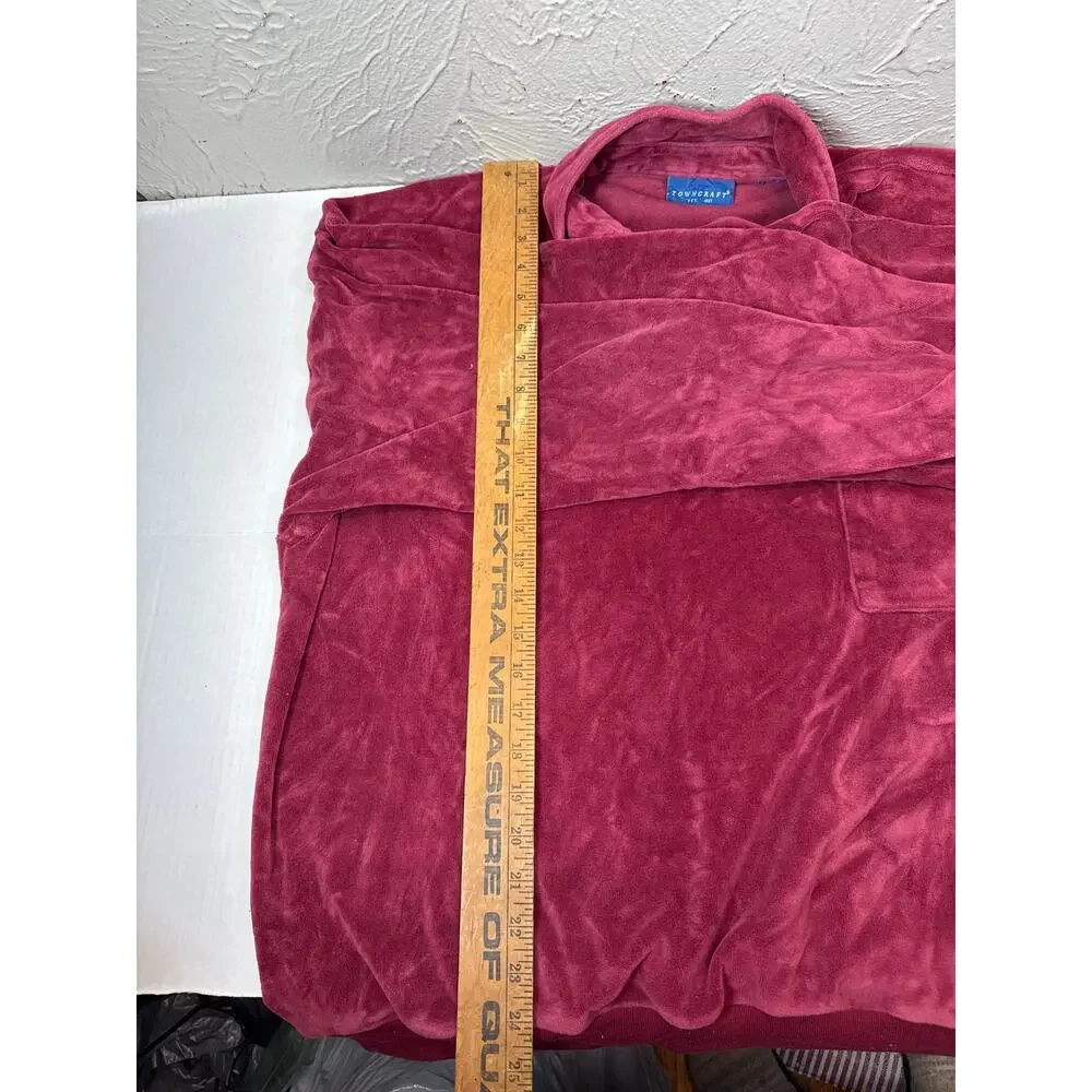 Vintage 80s Towncraft Velour Shirt Henley‎ Polo Sweater Pocket Burgundy Size 16